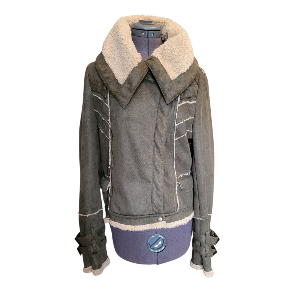 Costa Blanca Olive Green Faux Suede Shearling Trim Jacket Moto